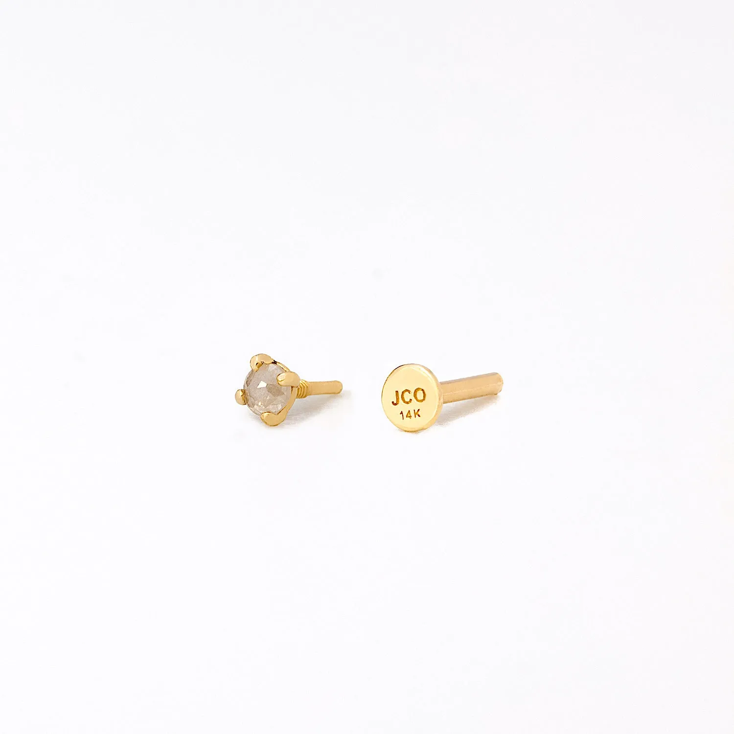 14K Solid Gold Grey Diamond Flatback Earring 2mm