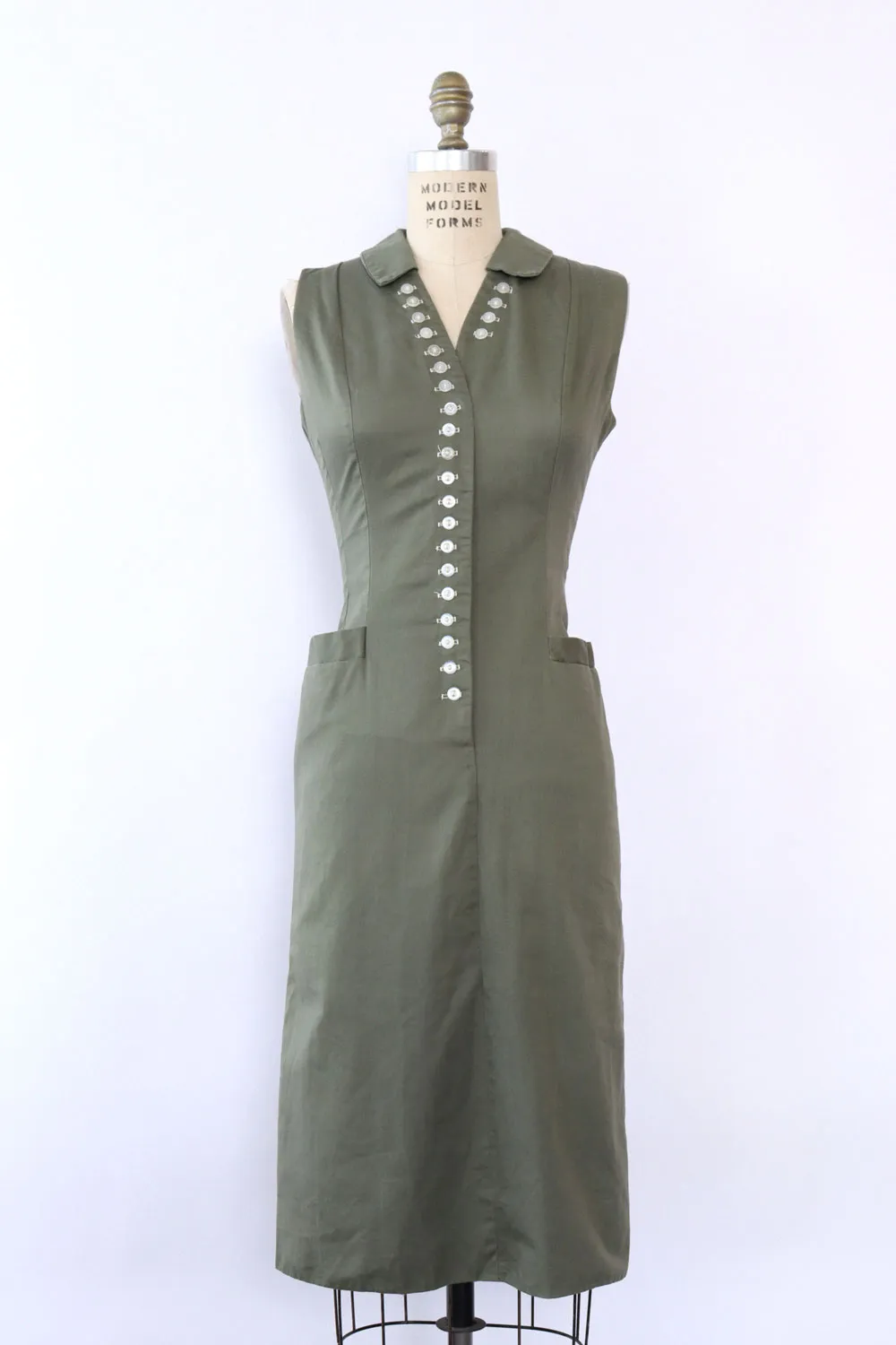 1950s Olive Button Wiggle Dress S