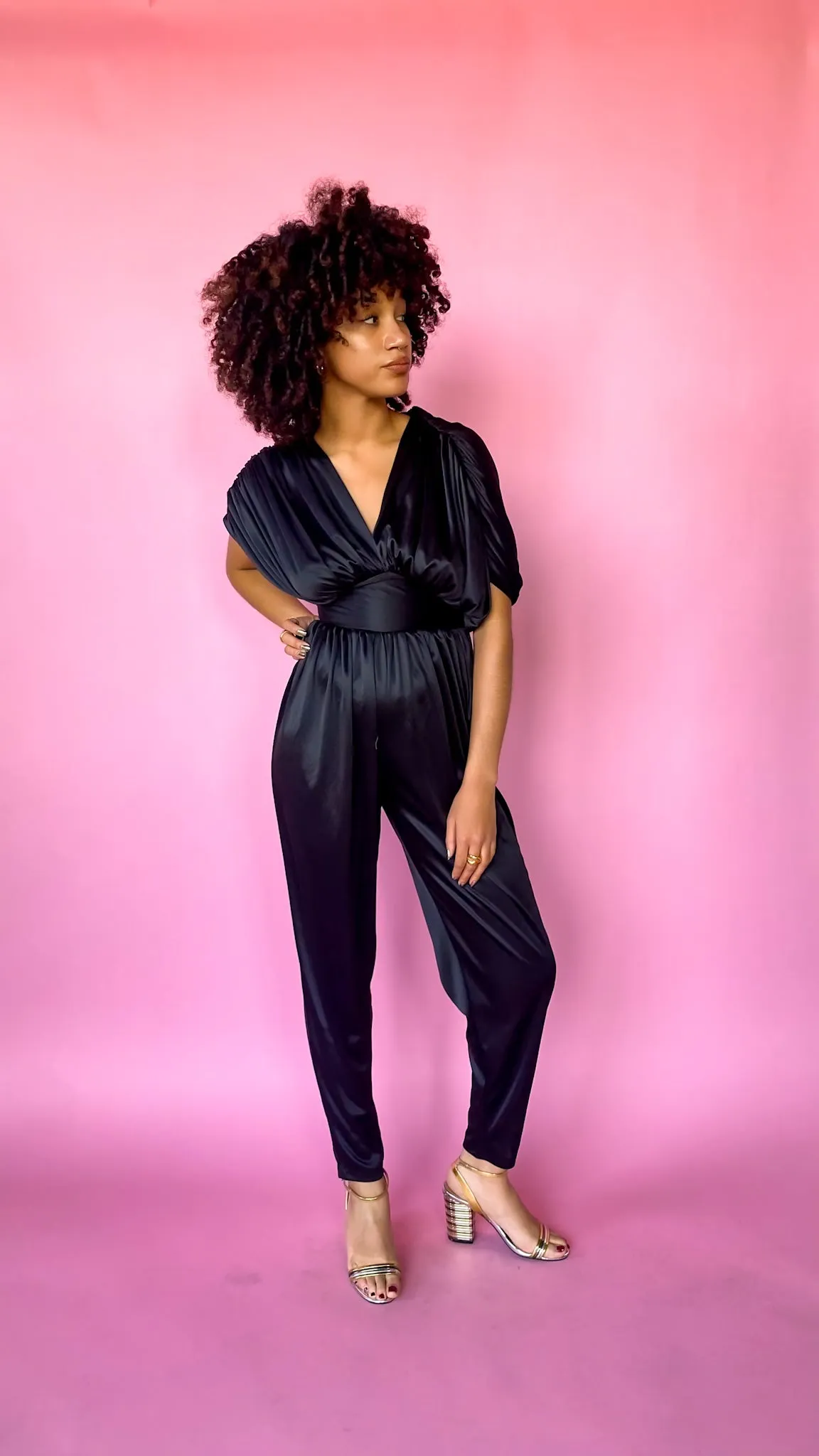 1980s Black Ruched Jumpsuit, sz.XS