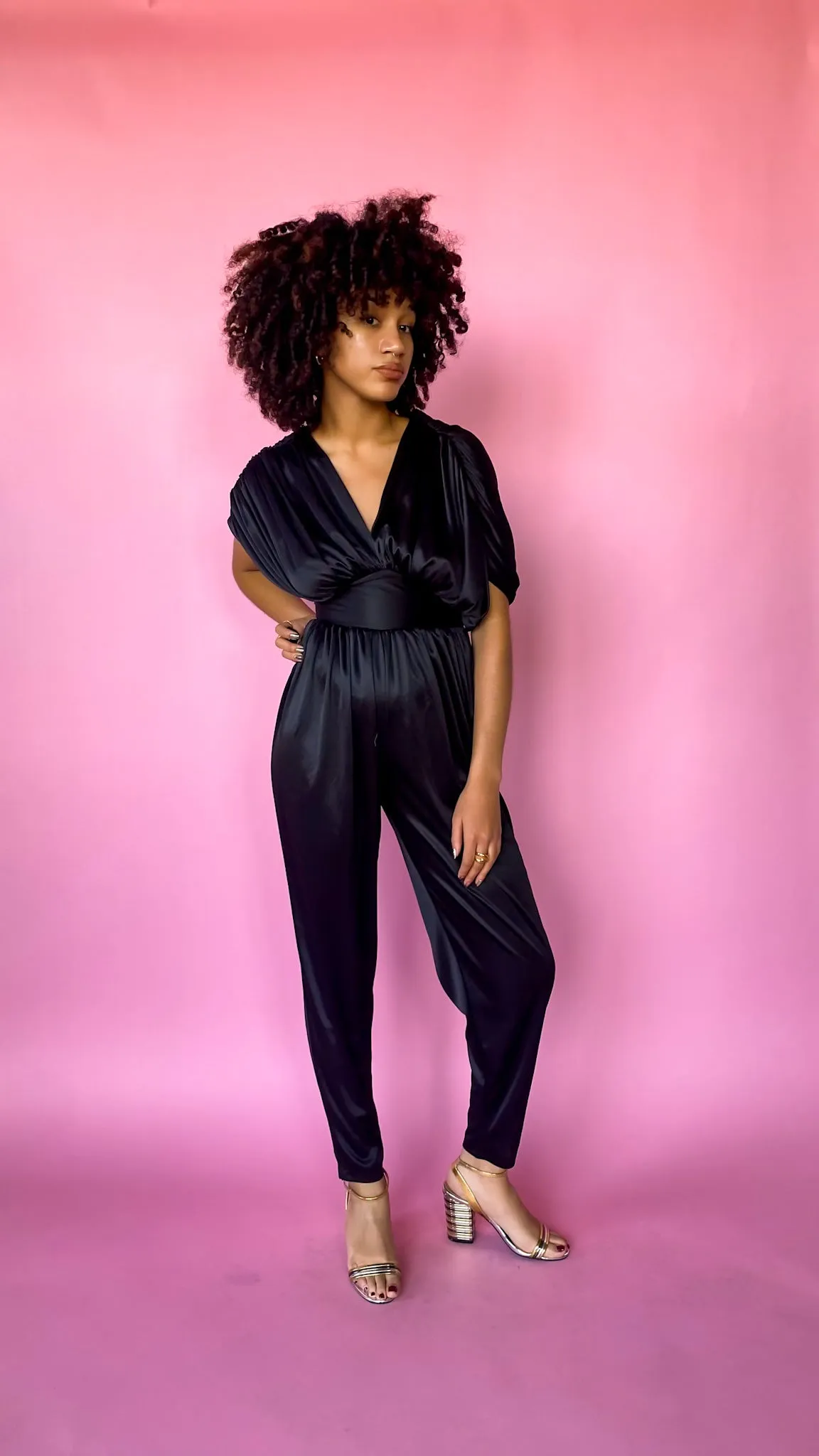 1980s Black Ruched Jumpsuit, sz.XS