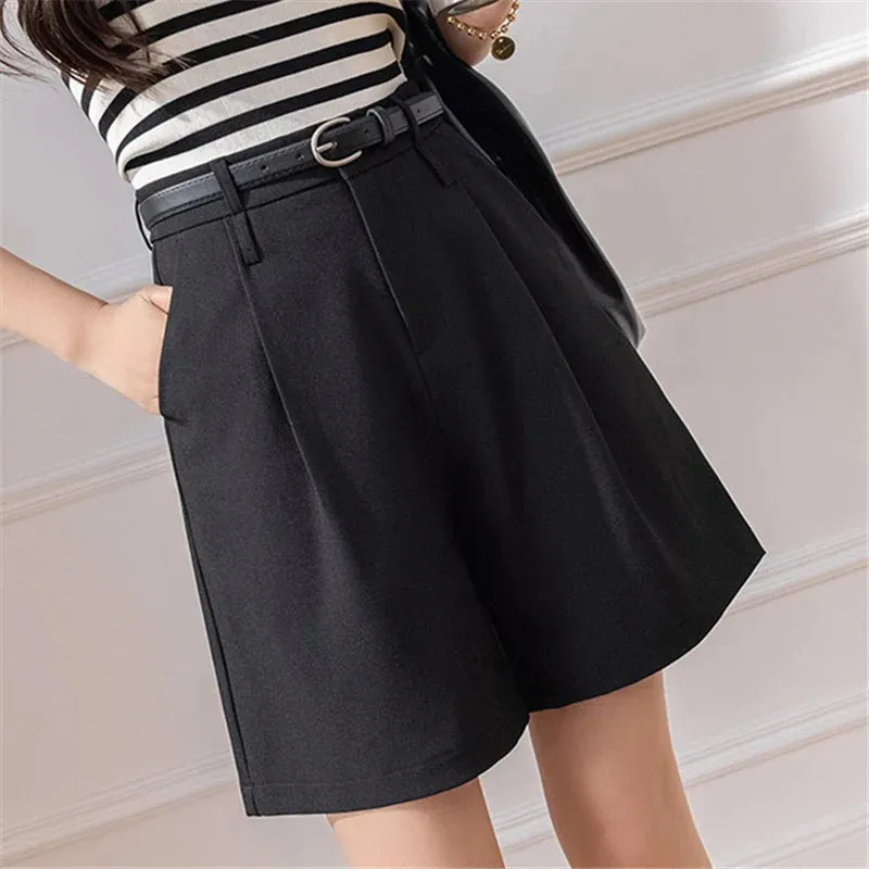 2024 Women's Half Pants Summer Spring Vintage High Waist Solid Pockets Straight Wide Legs Suit Shorts