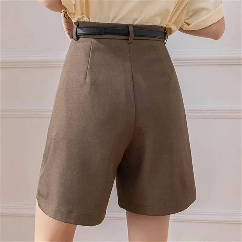 2024 Women's Half Pants Summer Spring Vintage High Waist Solid Pockets Straight Wide Legs Suit Shorts