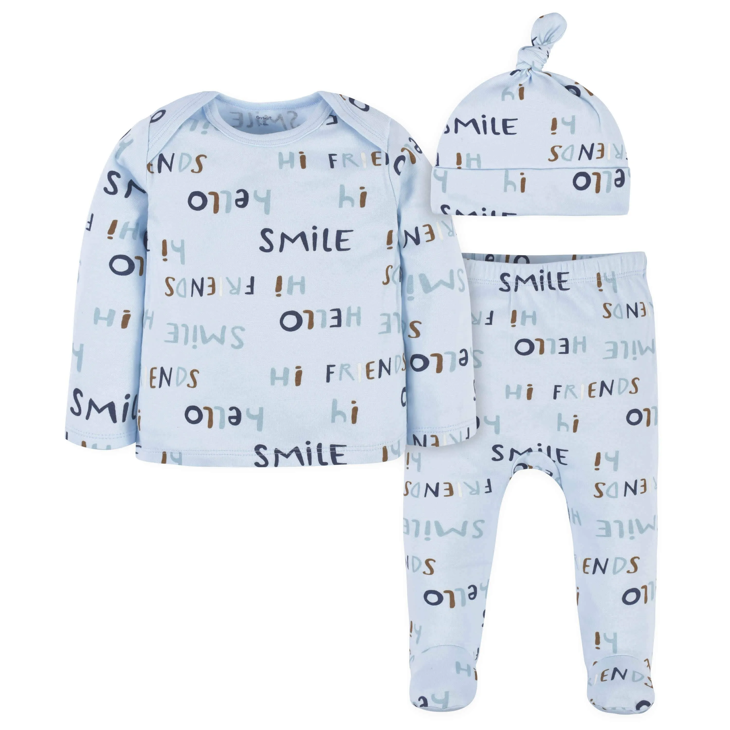 3-Piece Baby Boys Comfy Stretch Smile Long Sleeve Shirt, Footed Pant, & Cap Set