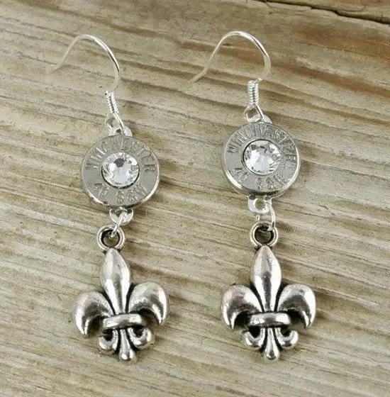 40 Caliber Mini Dangling Fleur De Lis Bullet Earrings