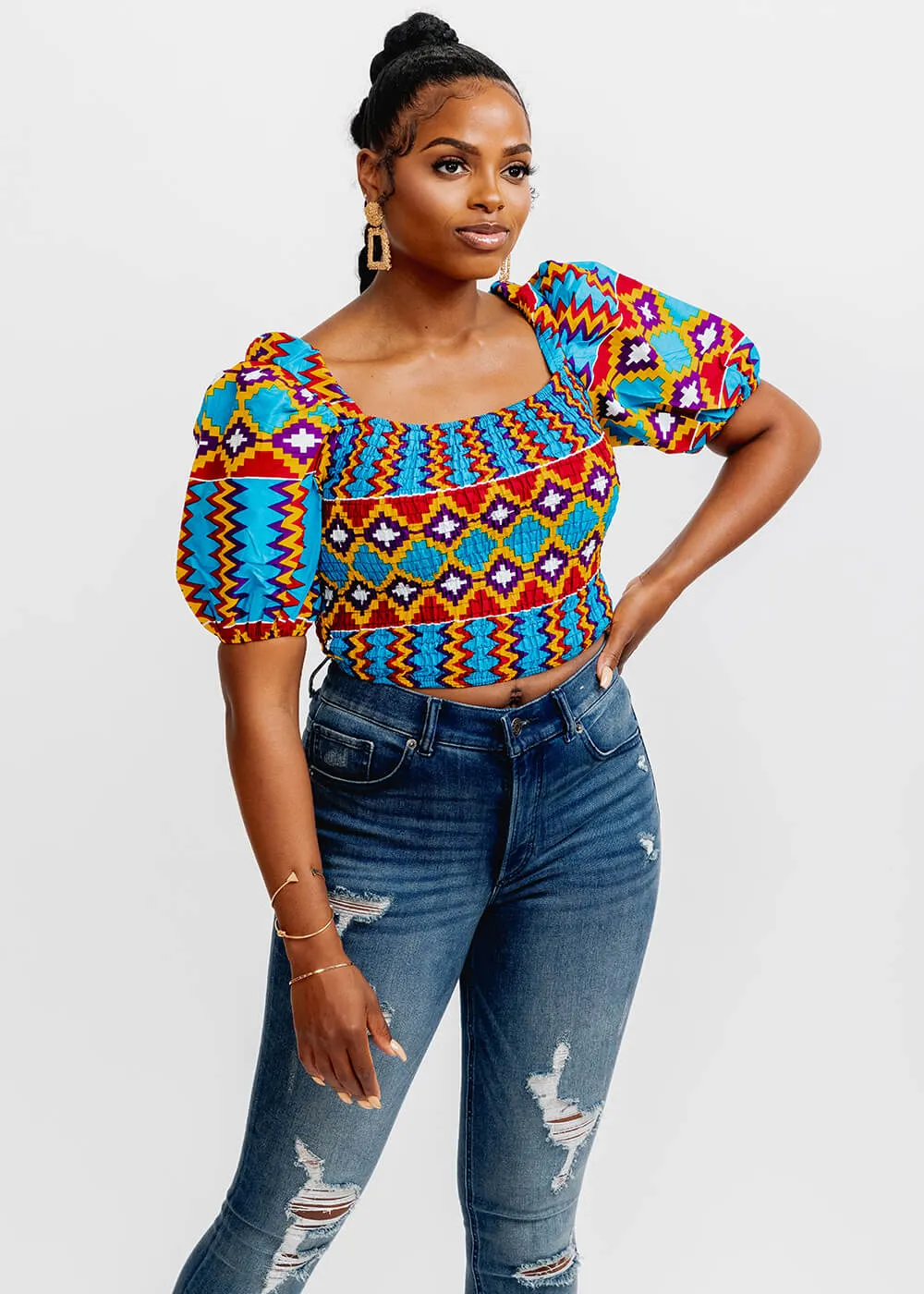 Abiona Women's African Print Smocked Top (Sky Blue Yellow Kente) - Clearance