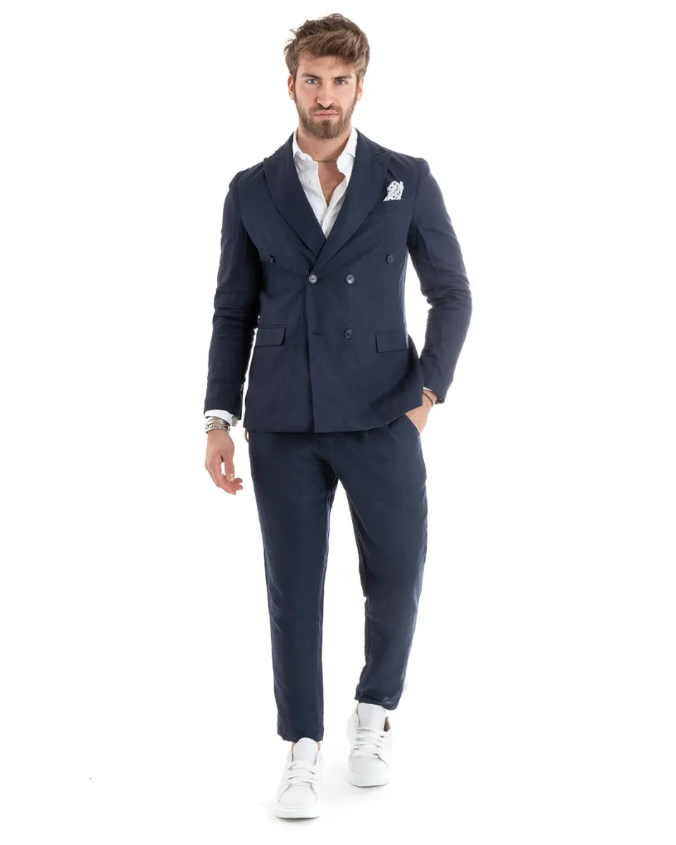 Abito Uomo Doppiopetto Completo Lino Sartoriale Giacca Pantaloni Tinta Unita Blu GIOSAL-OU2331A