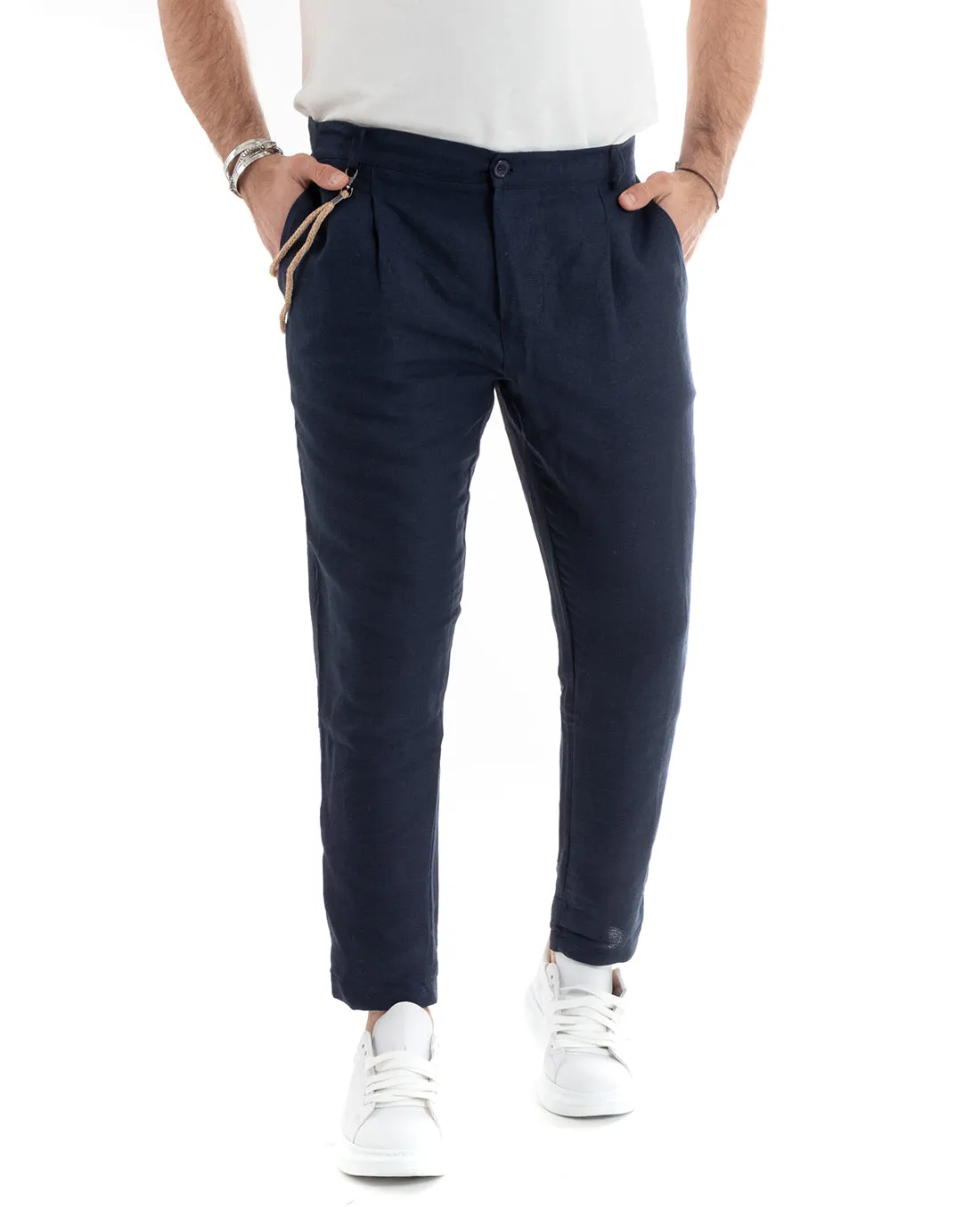 Abito Uomo Doppiopetto Completo Lino Sartoriale Giacca Pantaloni Tinta Unita Blu GIOSAL-OU2331A