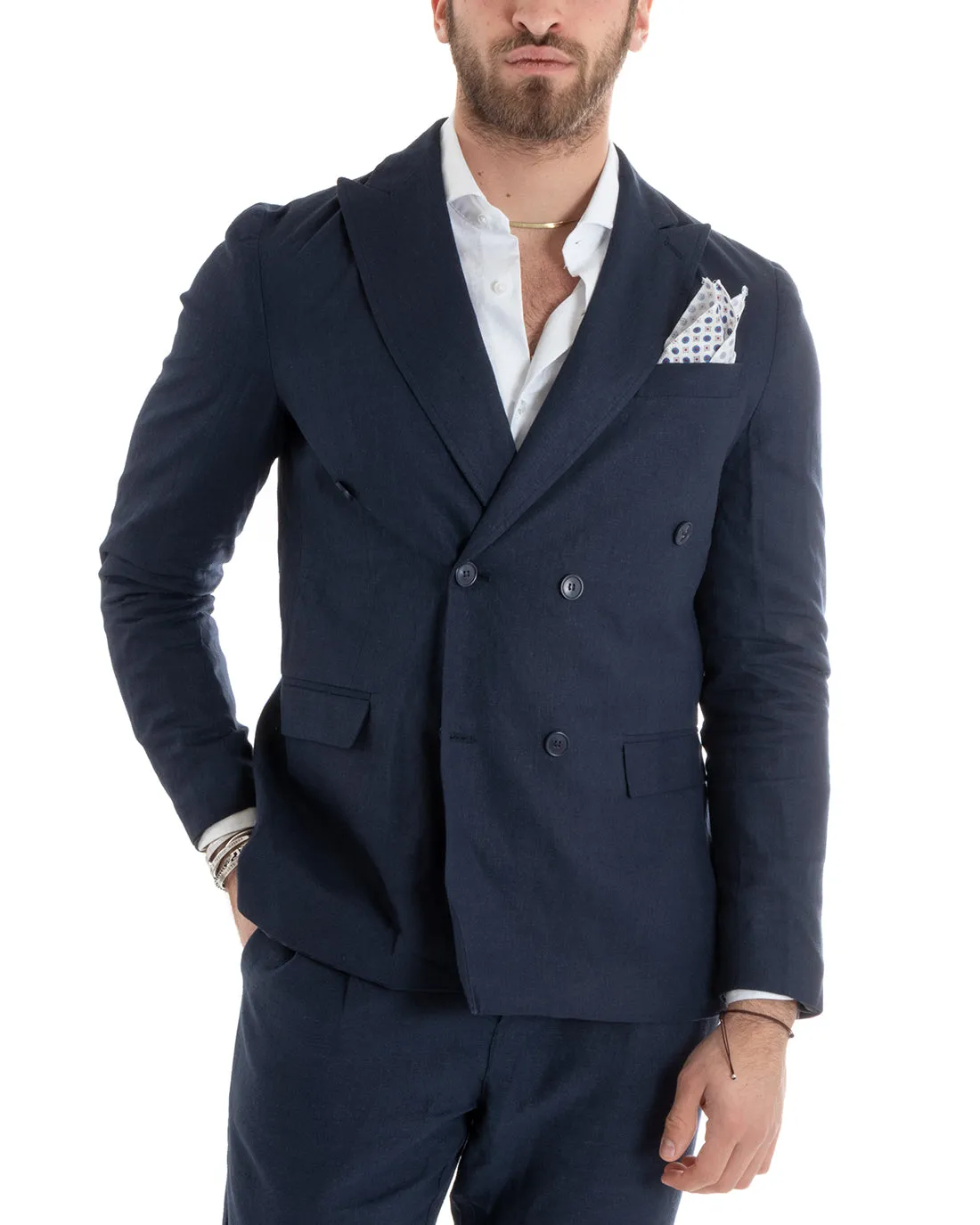 Abito Uomo Doppiopetto Completo Lino Sartoriale Giacca Pantaloni Tinta Unita Blu GIOSAL-OU2331A