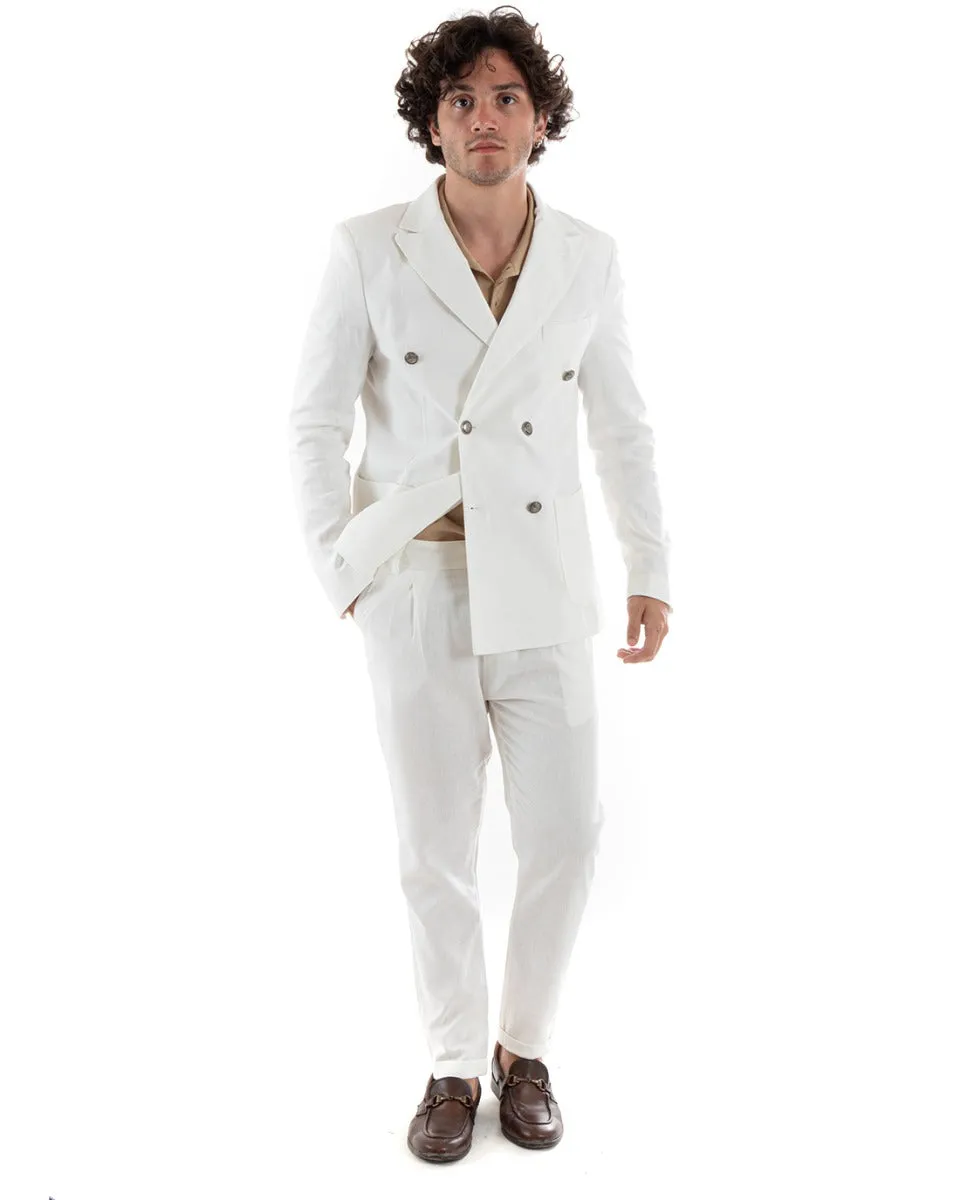 Abito Uomo Doppiopetto Vestito Lino Completo Giacca Pantaloni Bianco Elegante Cerimonia GIOSAL-OU2382A