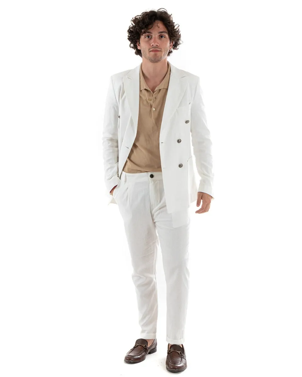 Abito Uomo Doppiopetto Vestito Lino Completo Giacca Pantaloni Bianco Elegante Cerimonia GIOSAL-OU2382A