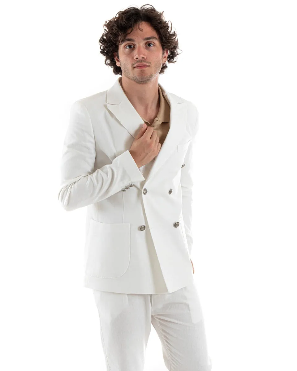 Abito Uomo Doppiopetto Vestito Lino Completo Giacca Pantaloni Bianco Elegante Cerimonia GIOSAL-OU2382A