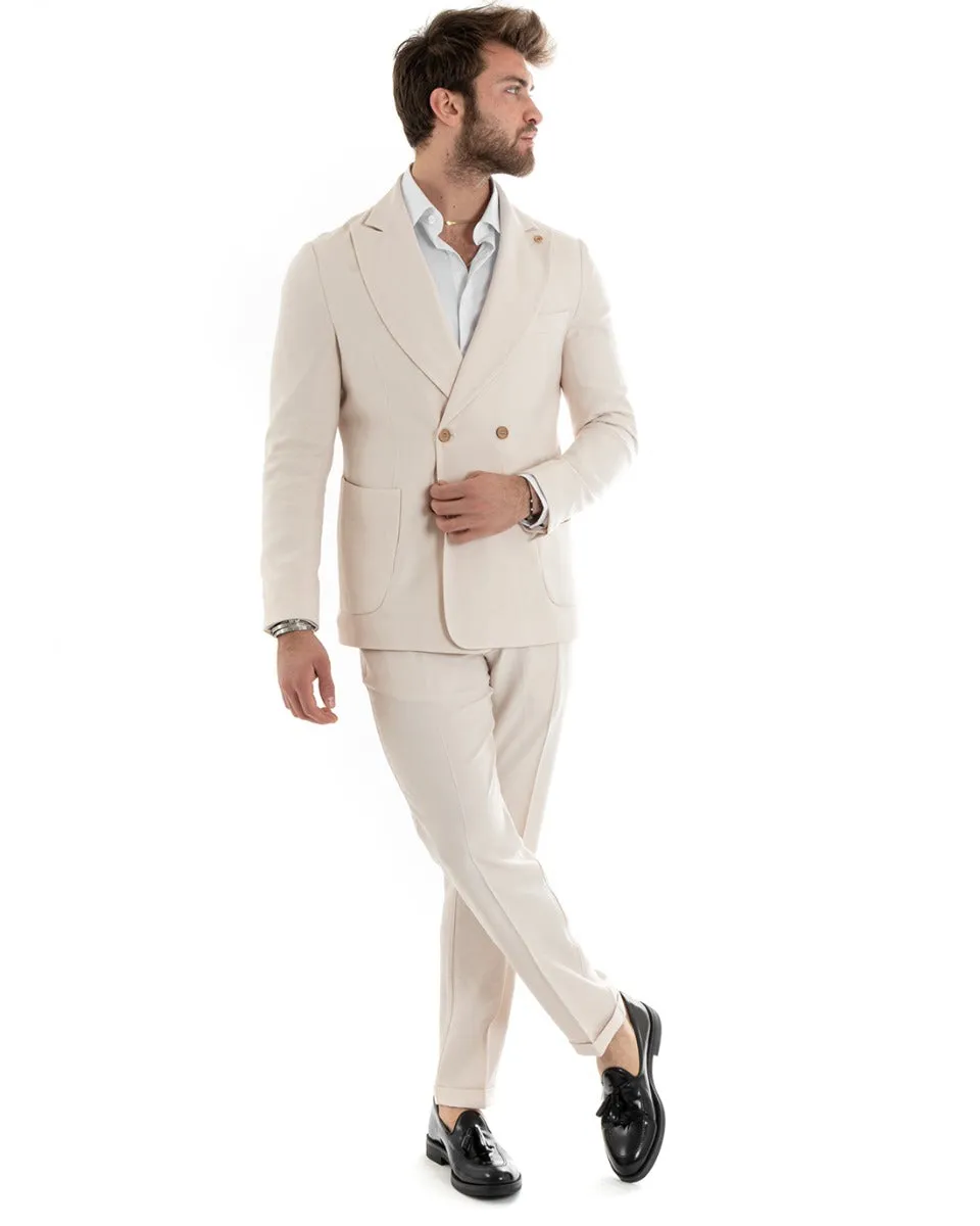 Abito Uomo Doppiopetto Vestito Viscosa Completo Giacca Pantaloni Panna Elegante Cerimonia GIOSAL-OU2274A