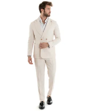 Abito Uomo Doppiopetto Vestito Viscosa Completo Giacca Pantaloni Panna Elegante Cerimonia GIOSAL-OU2274A