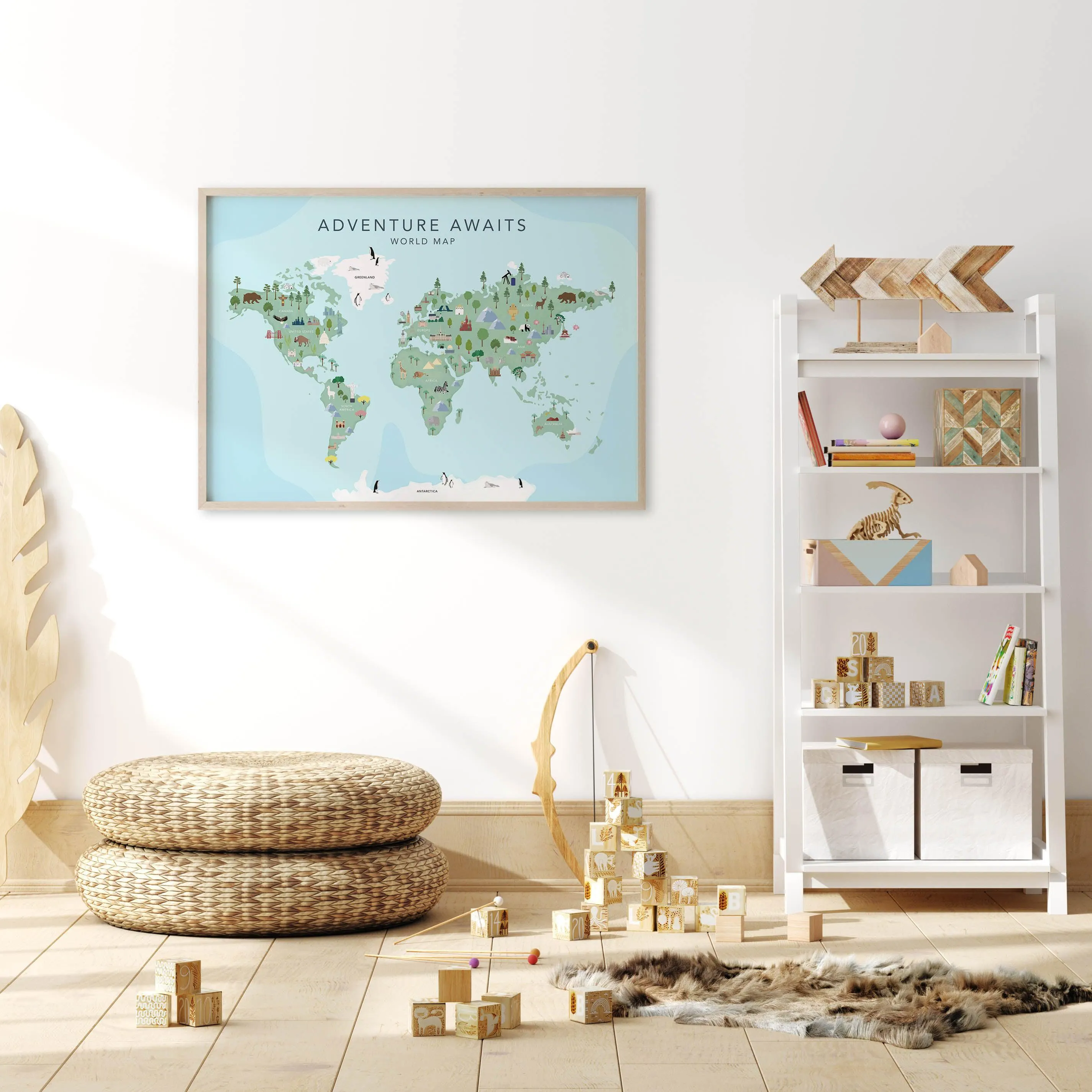 Adventure Awaits World Map | Blue Art Print