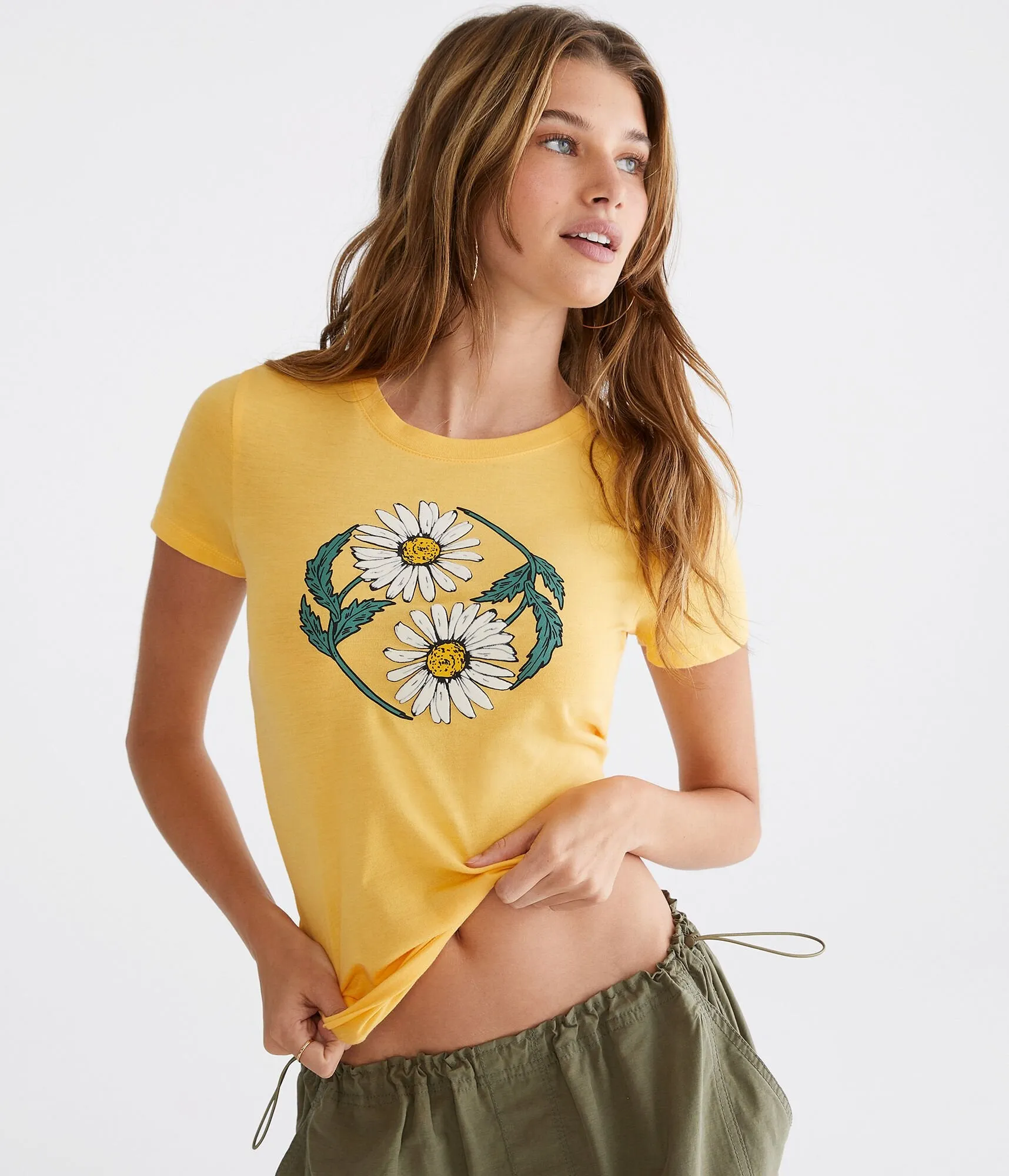 Aeropostale Womens' Daisy Circle Flocked Graphic Tee -  - Size M - Cotton - Teen Fashion & Clothing Yellow