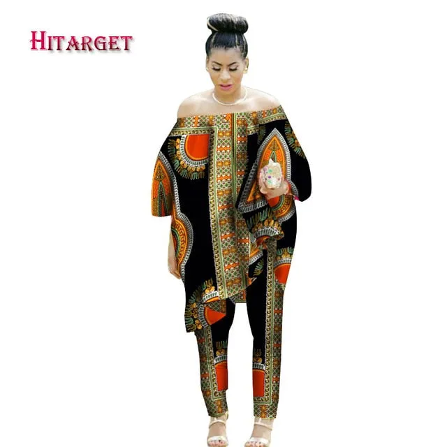 African Women 2 Piece Set Dashiki Cotton Print Wax Crop Top and Shirt Set