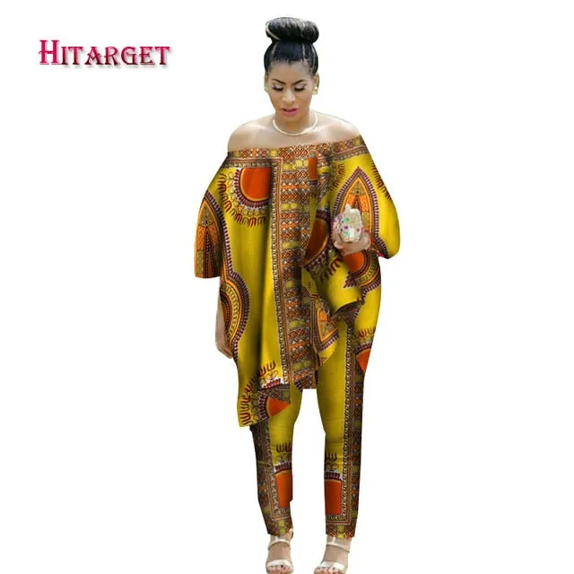 African Women 2 Piece Set Dashiki Cotton Print Wax Crop Top and Shirt Set