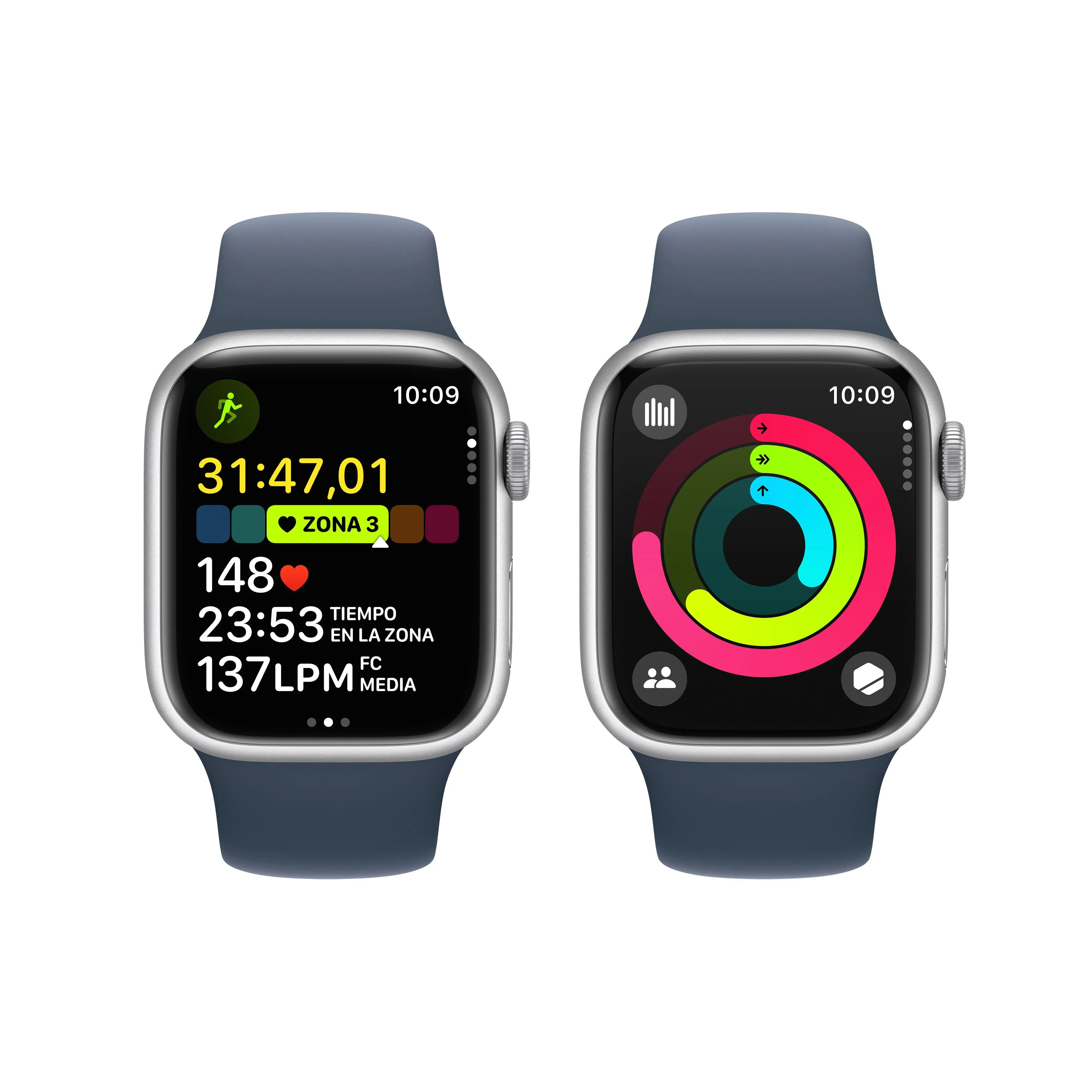 Apple Watch Series 9 (GPS) - Caja de aluminio en plata de 41 mm - Correa deportiva azul tempestad - Talla S/M