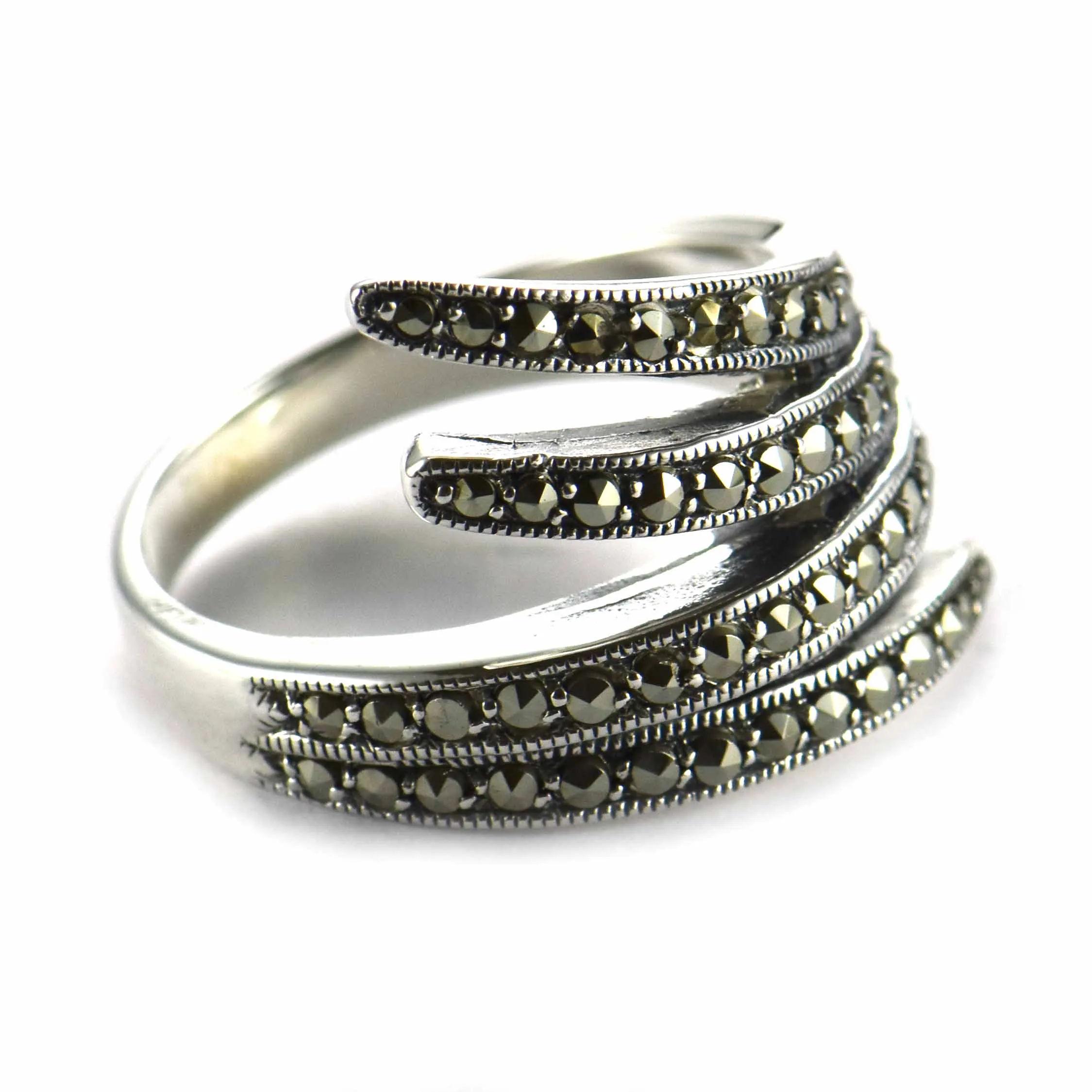 Art style silver ring with marcasite