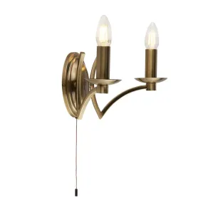 Ascot 2 Light Antique Brass Wall Light - Cord Pull