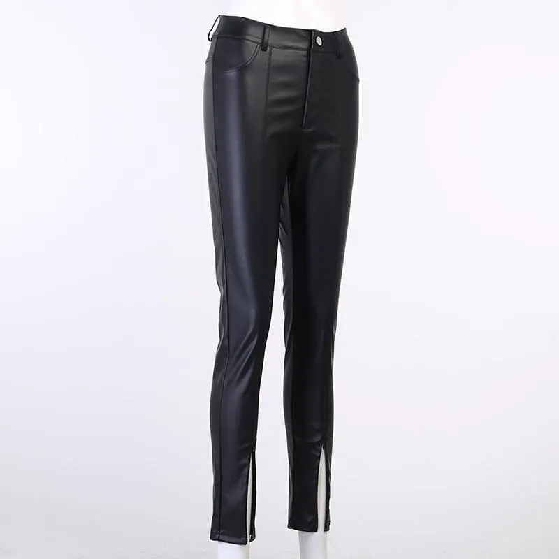 Autumn Casual Women's Synthetic Leather High Waist Zipper Skinny Split Pants