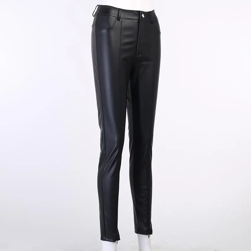 Autumn Casual Women's Synthetic Leather High Waist Zipper Skinny Split Pants