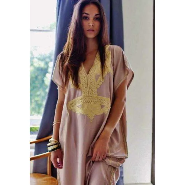 Beige Marrakech Resort Lounge Wear Caftan Kaftan with Gold Embroidery