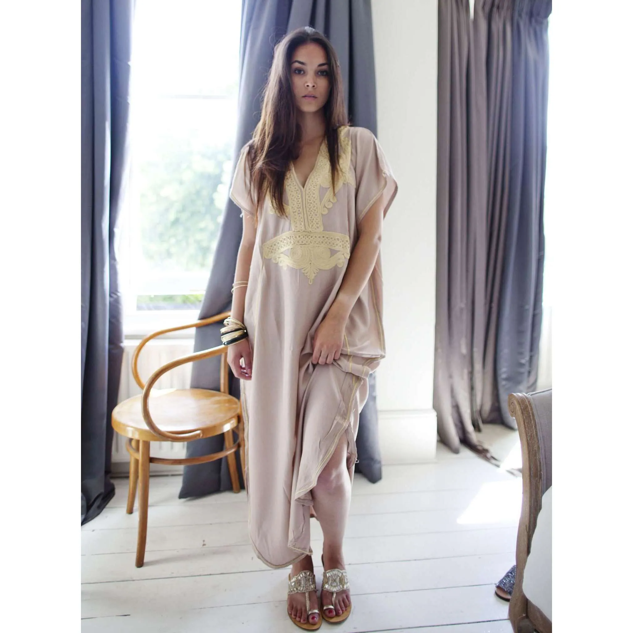 Beige Marrakech Resort Lounge Wear Caftan Kaftan with Gold Embroidery