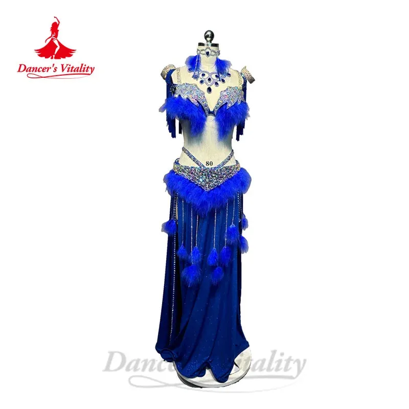 Bellydance Clothing Women's Customized Diamond Bra feathers Tassels Skirt Set Oriental Dance Professional Performance Clothing