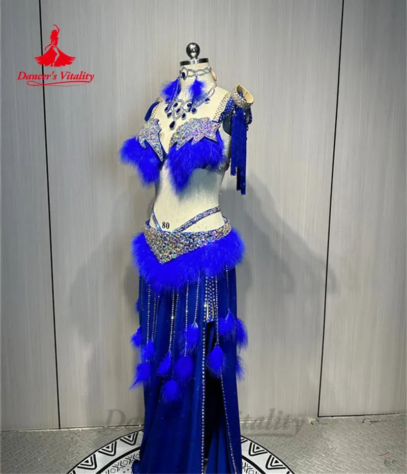 Bellydance Clothing Women's Customized Diamond Bra feathers Tassels Skirt Set Oriental Dance Professional Performance Clothing