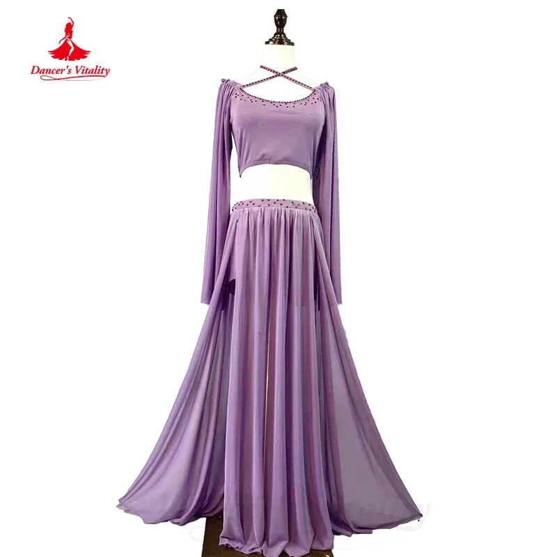 BellyDance Practice Set Customized Long Sleeved Top Chiffon Long Skirt 2pcs Oriental Dance Professional Performance Clothing