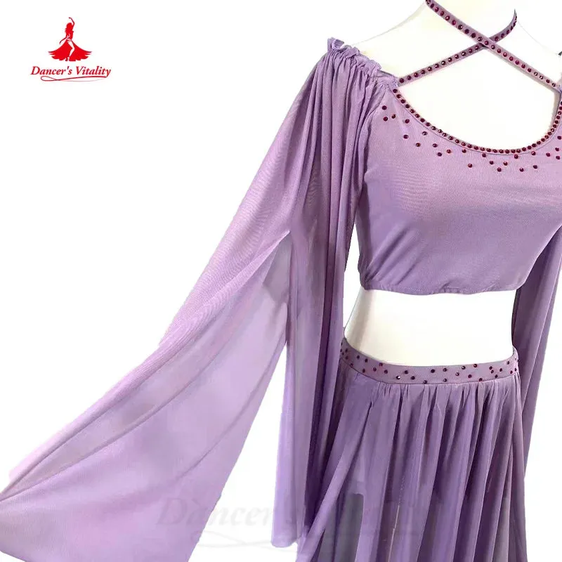 BellyDance Practice Set Customized Long Sleeved Top Chiffon Long Skirt 2pcs Oriental Dance Professional Performance Clothing