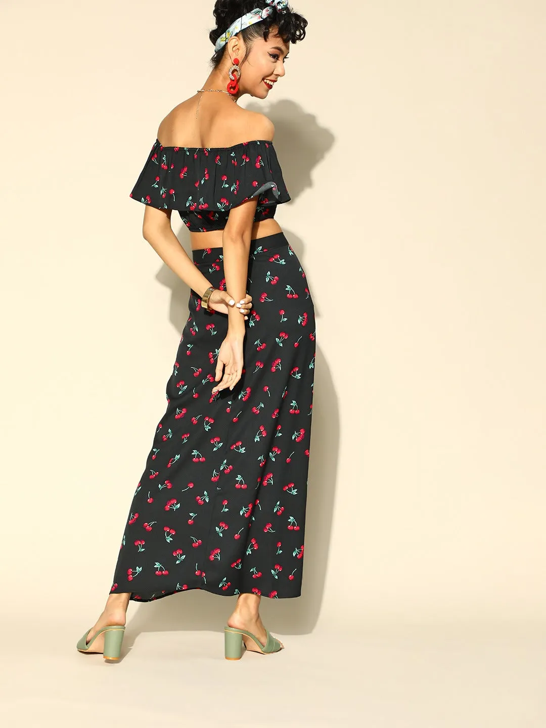 Berrylush Women Black & Red Cherry Printed Off-Shoulder Neck Thigh-High Slit Ruffled Co-Ordinate Set