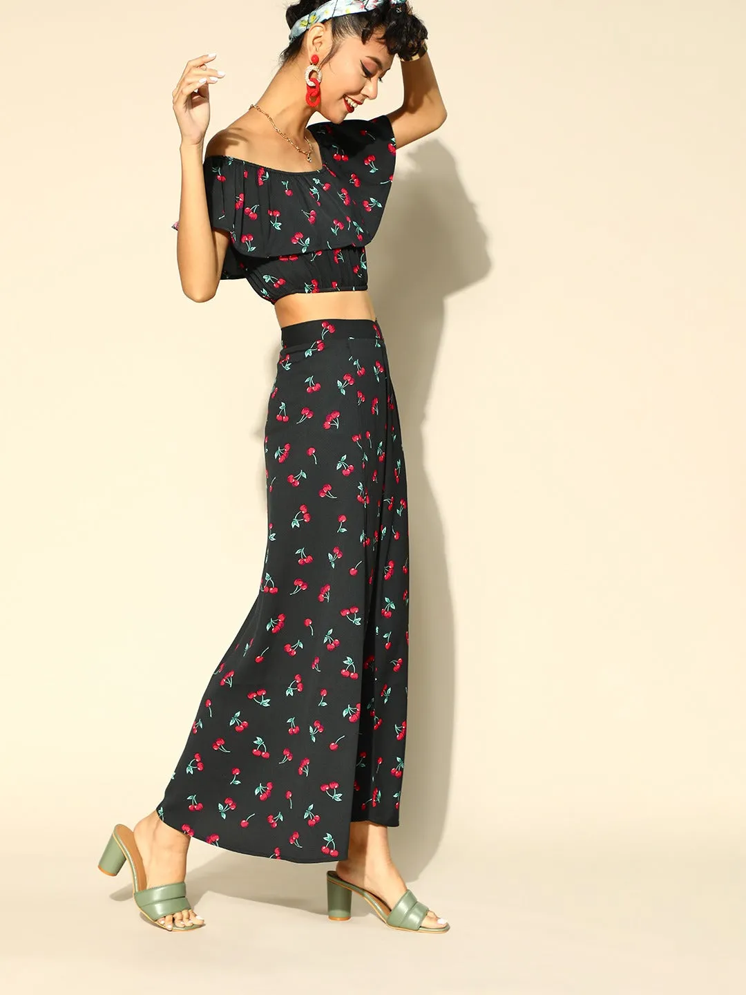 Berrylush Women Black & Red Cherry Printed Off-Shoulder Neck Thigh-High Slit Ruffled Co-Ordinate Set