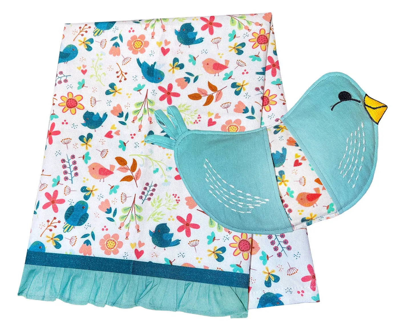 Birds of Happiness Tea Towel & Bird Oven Mitt- 2pc Set