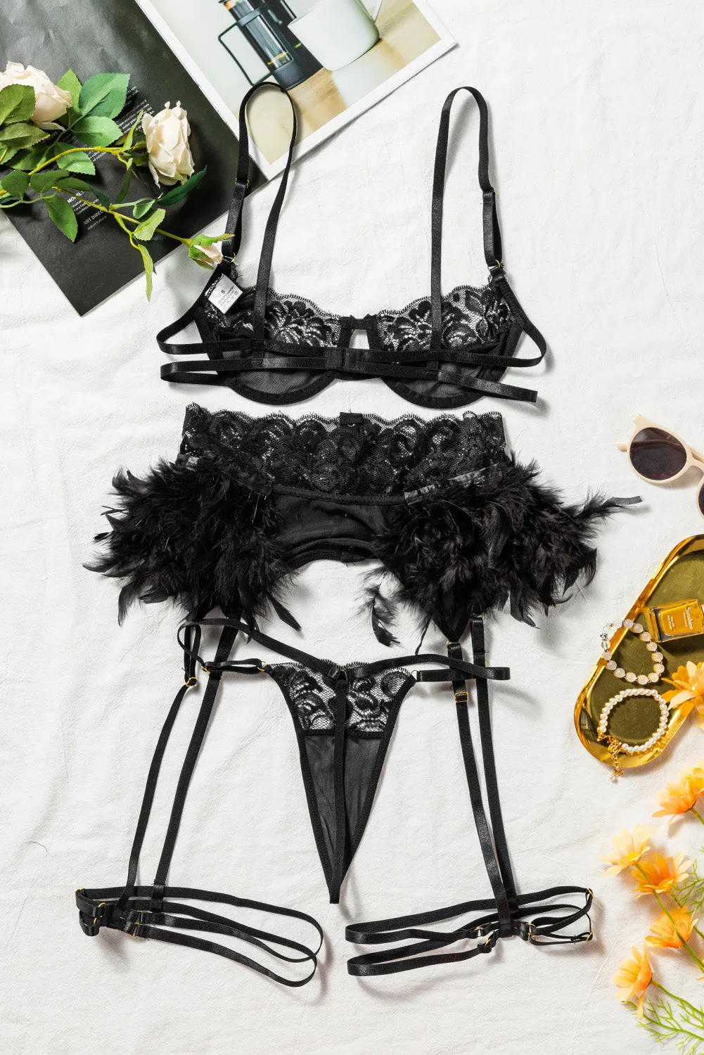 Black 3pcs Lace Feathered Garter Lingerie Set