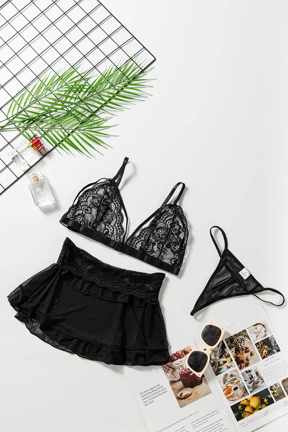 Black 3pcs Lace Ruffled Mesh Bralette Set