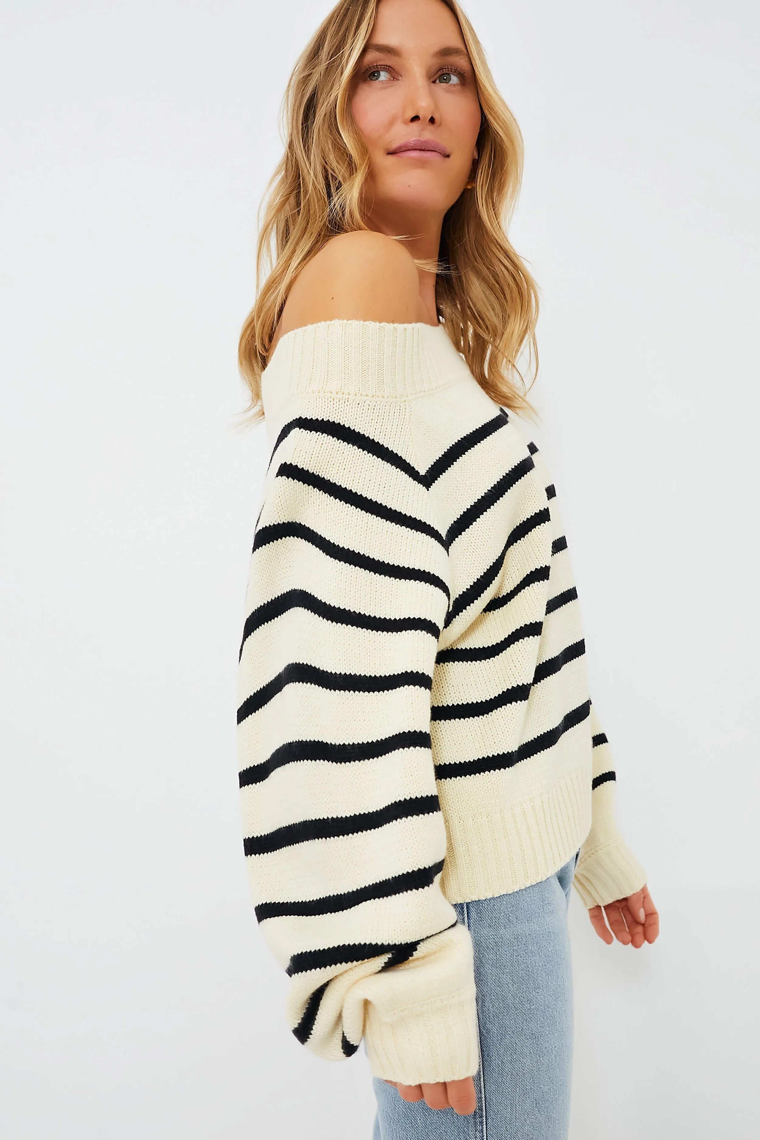 Black and Antique White One Shoulder Sweater