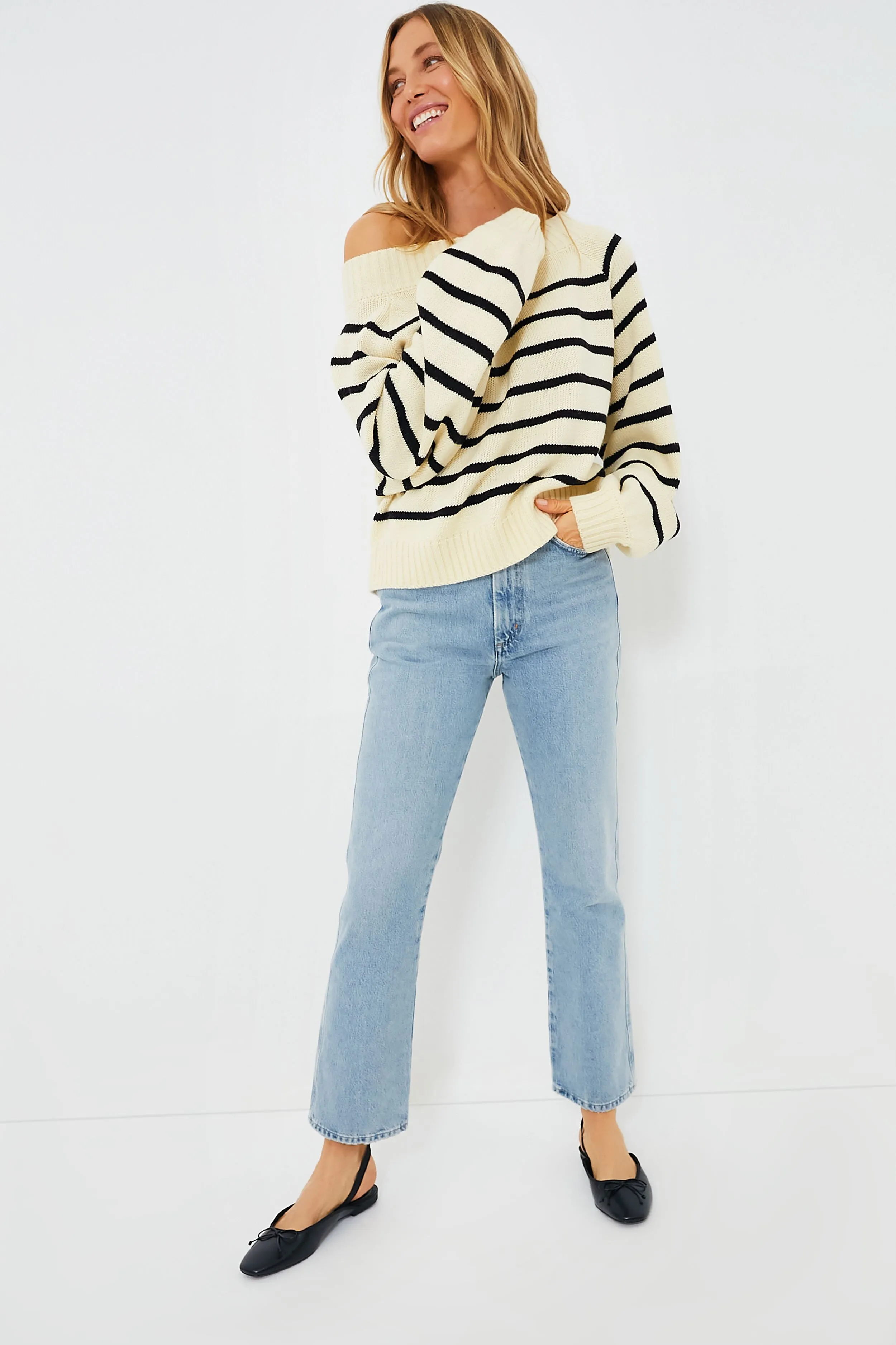 Black and Antique White One Shoulder Sweater