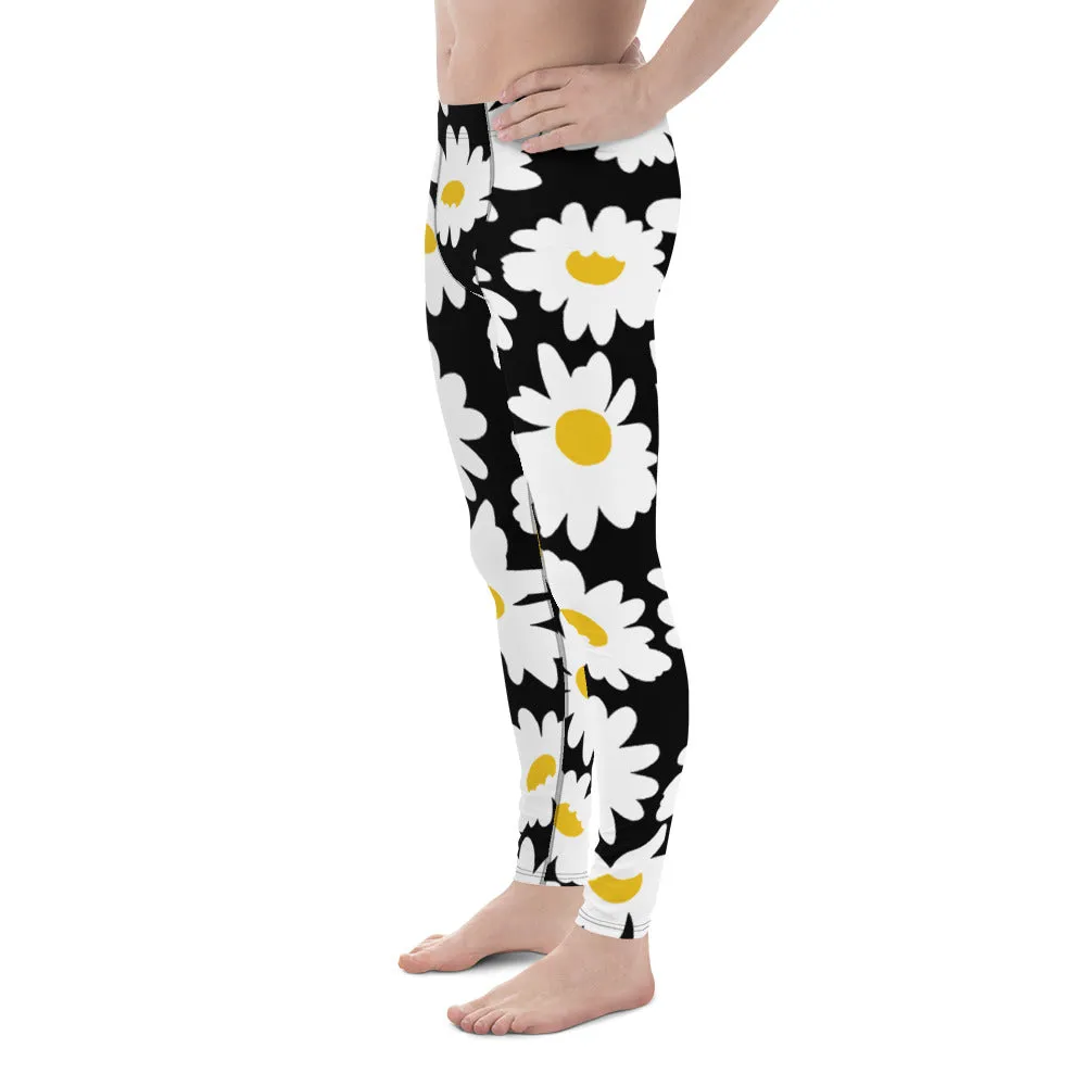 Black Daisies Floral Men's Leggings, Daisies Floral Print Men's Running Tights-Made in USA/EU/MX