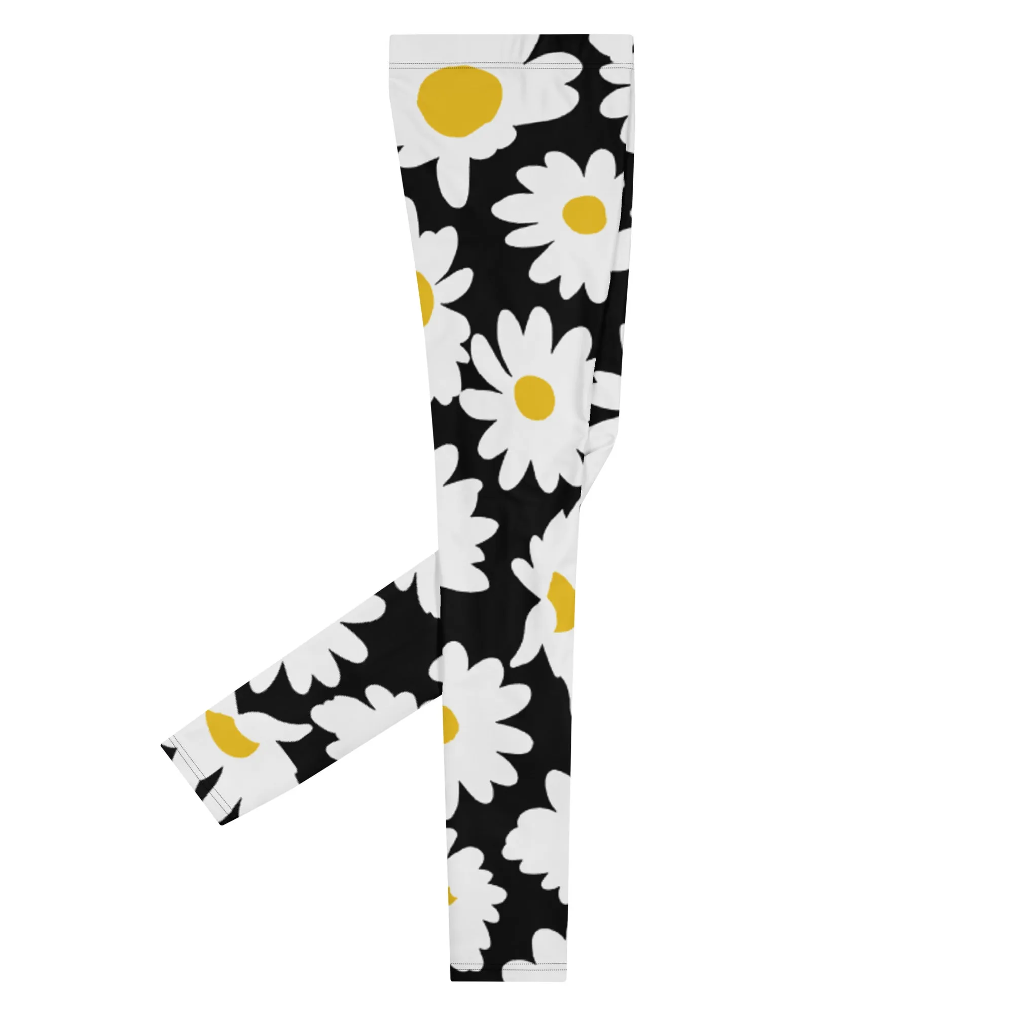 Black Daisies Floral Men's Leggings, Daisies Floral Print Men's Running Tights-Made in USA/EU/MX