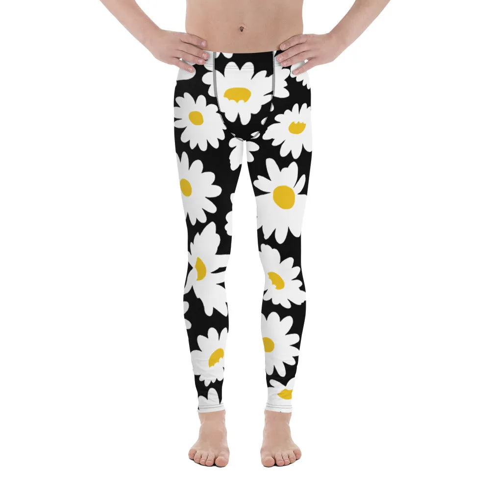 Black Daisies Floral Men's Leggings, Daisies Floral Print Men's Running Tights-Made in USA/EU/MX