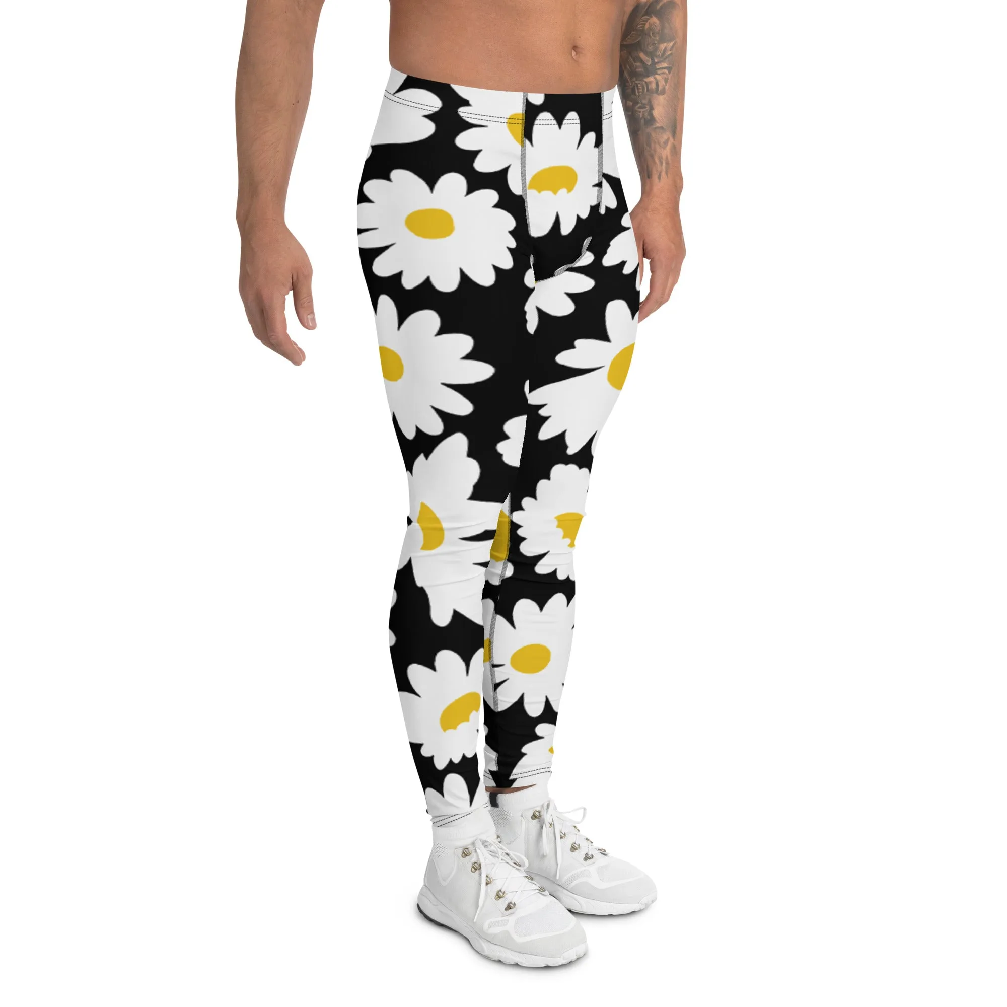 Black Daisies Floral Men's Leggings, Daisies Floral Print Men's Running Tights-Made in USA/EU/MX