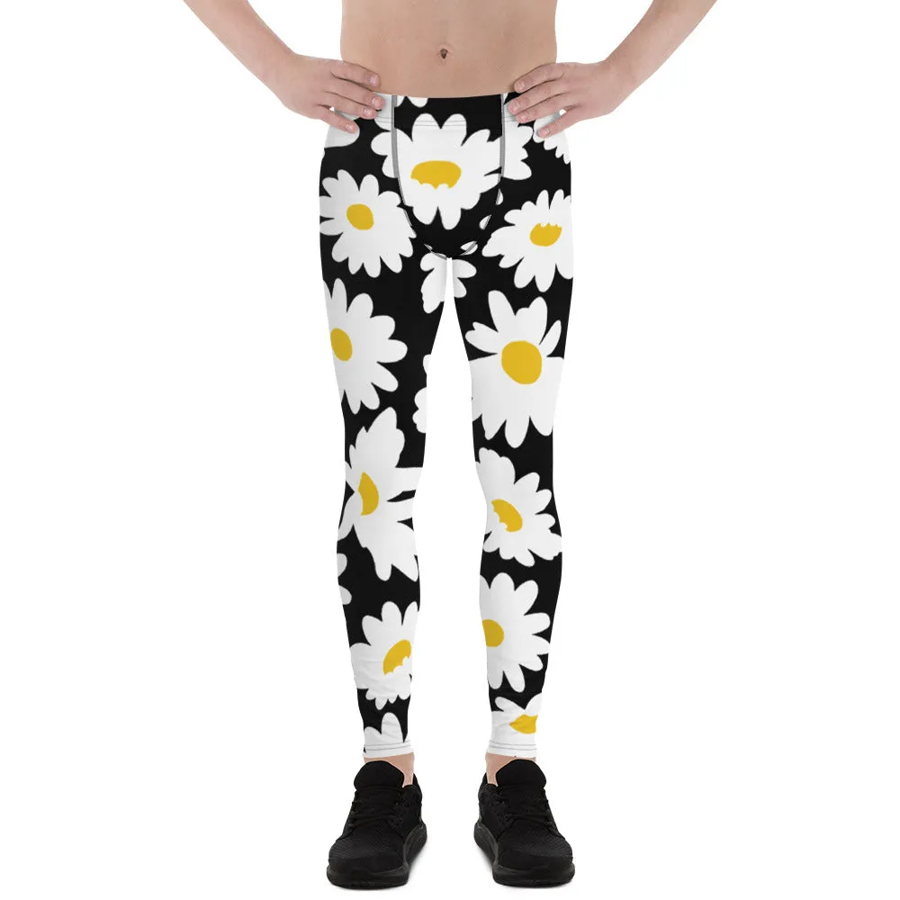 Black Daisies Floral Men's Leggings, Daisies Floral Print Men's Running Tights-Made in USA/EU/MX