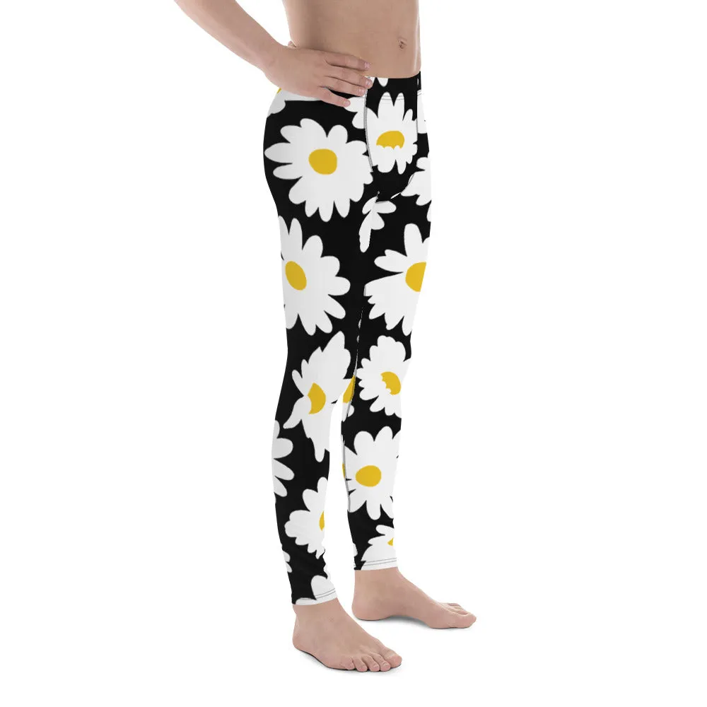 Black Daisies Floral Men's Leggings, Daisies Floral Print Men's Running Tights-Made in USA/EU/MX