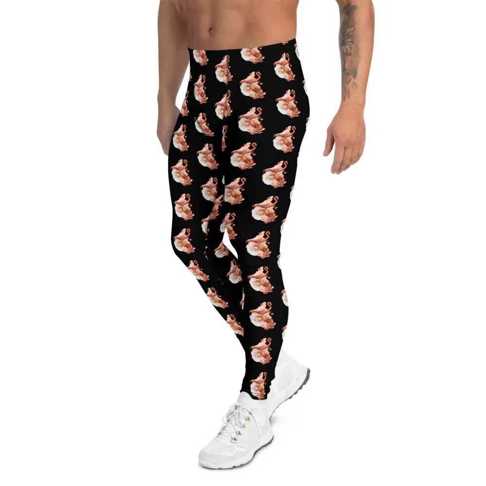 Black Flamingo Men's Leggings, Sexy Cute Bird Print Meggings Run Tights-Made in USA/EU