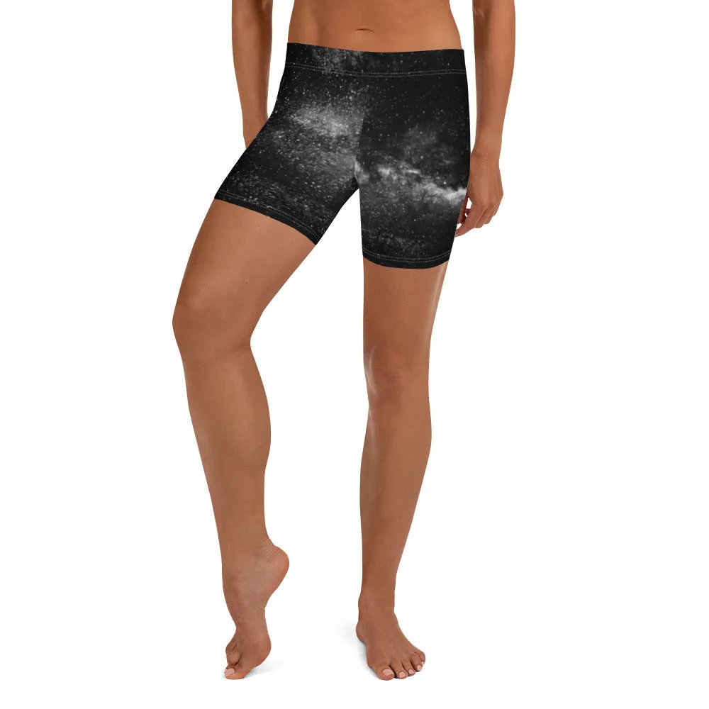 Black Galaxy Women's Shorts, Cosmic Milky Way Astrology Space Print Gym Tights-Made in USA/EU