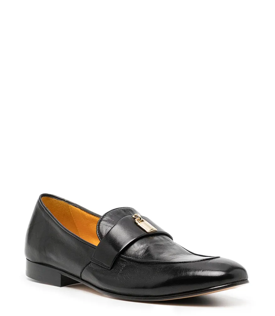 Black Leather Lock Flat Loafer