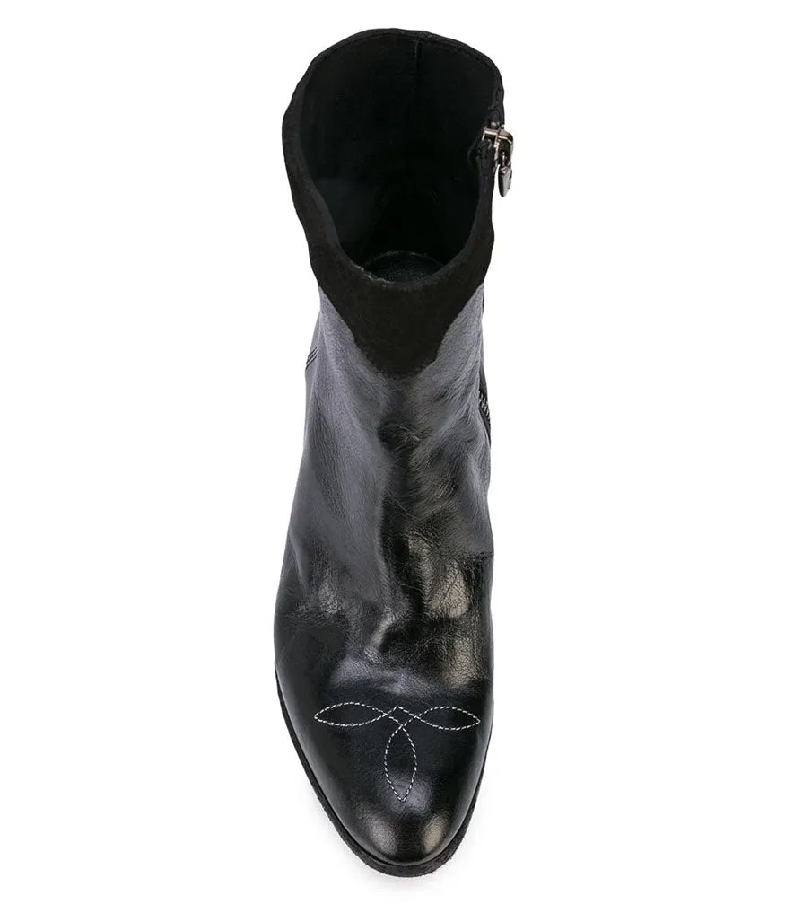 Black Leather Round Toe Boot W/ Silver Star Detail