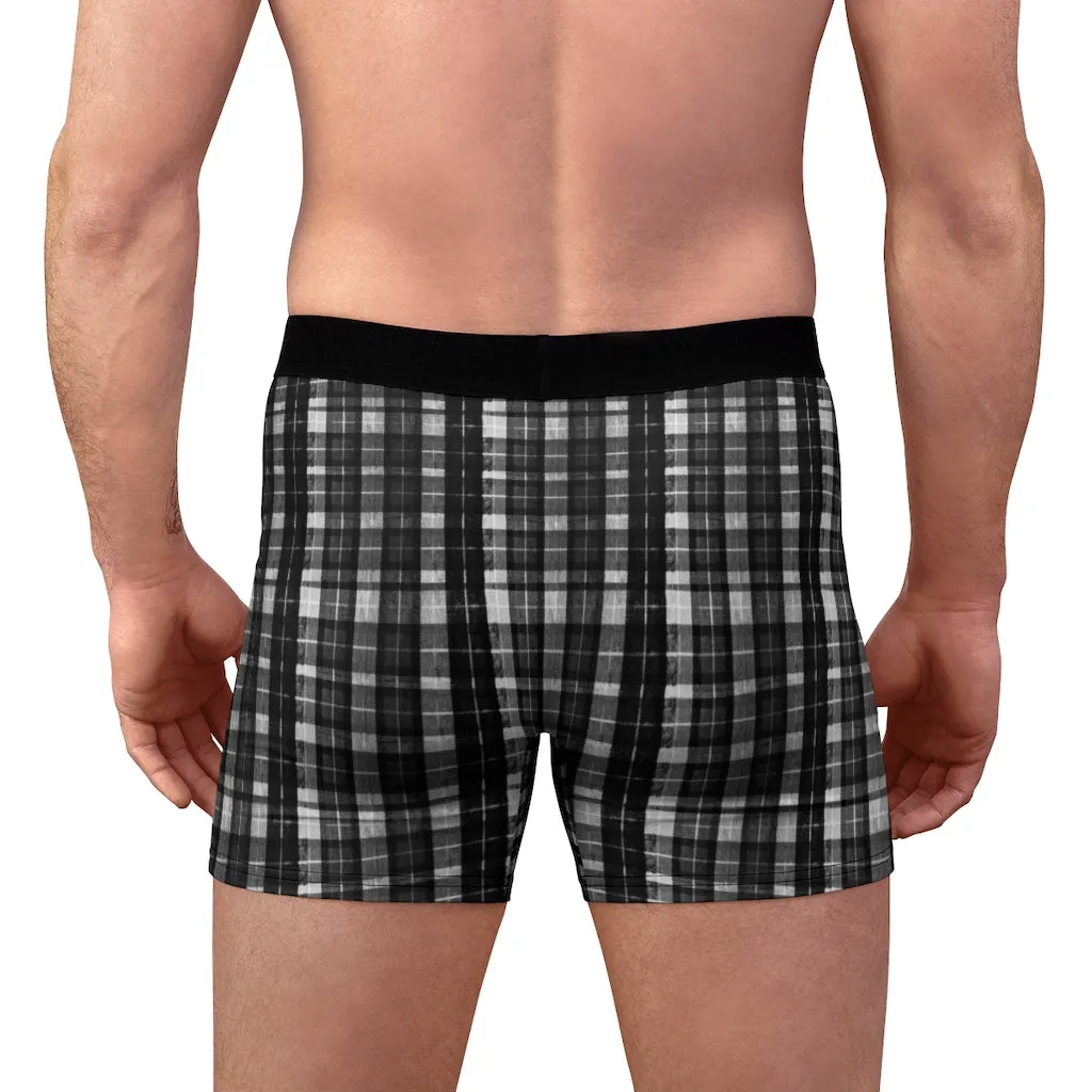 Black Plaid Print Men's Underwear, Printed Tartan Plaid Printed Designer Boxer Briefs For Men